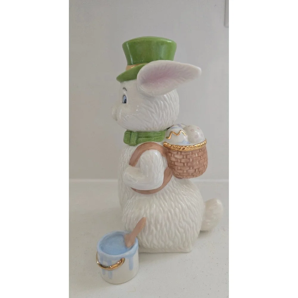Lenox Porcelain Easter Painter Bunny Figurine Green Hat Gold‎ Trim White Rabbit